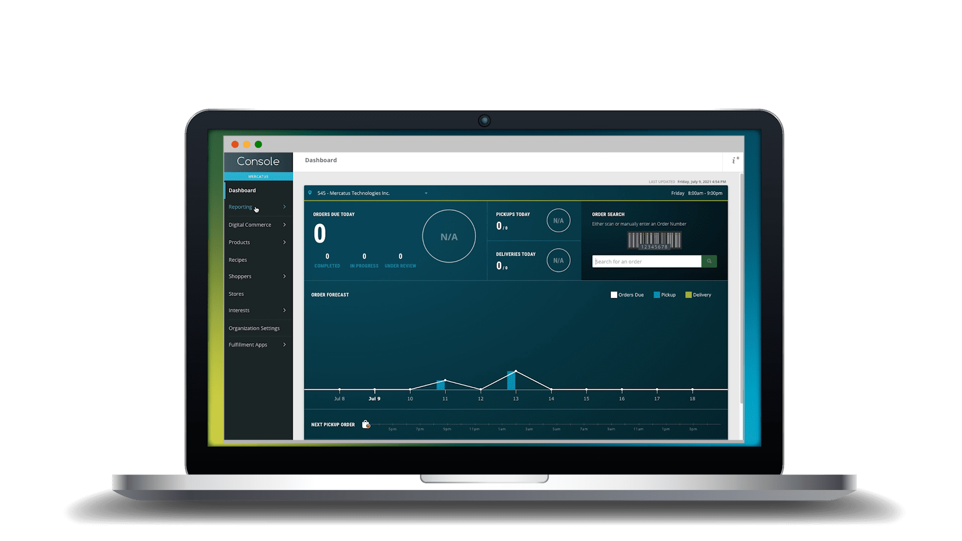 laptop with Mercatus Console displayed in a web browser